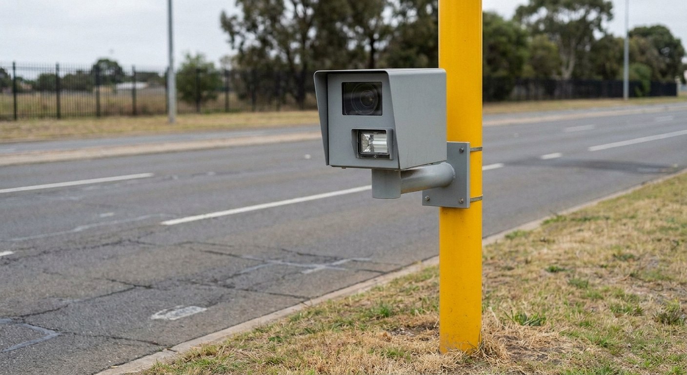 A modern generic speed camera mounted on a yellow pole standing next to an asphalt roadway