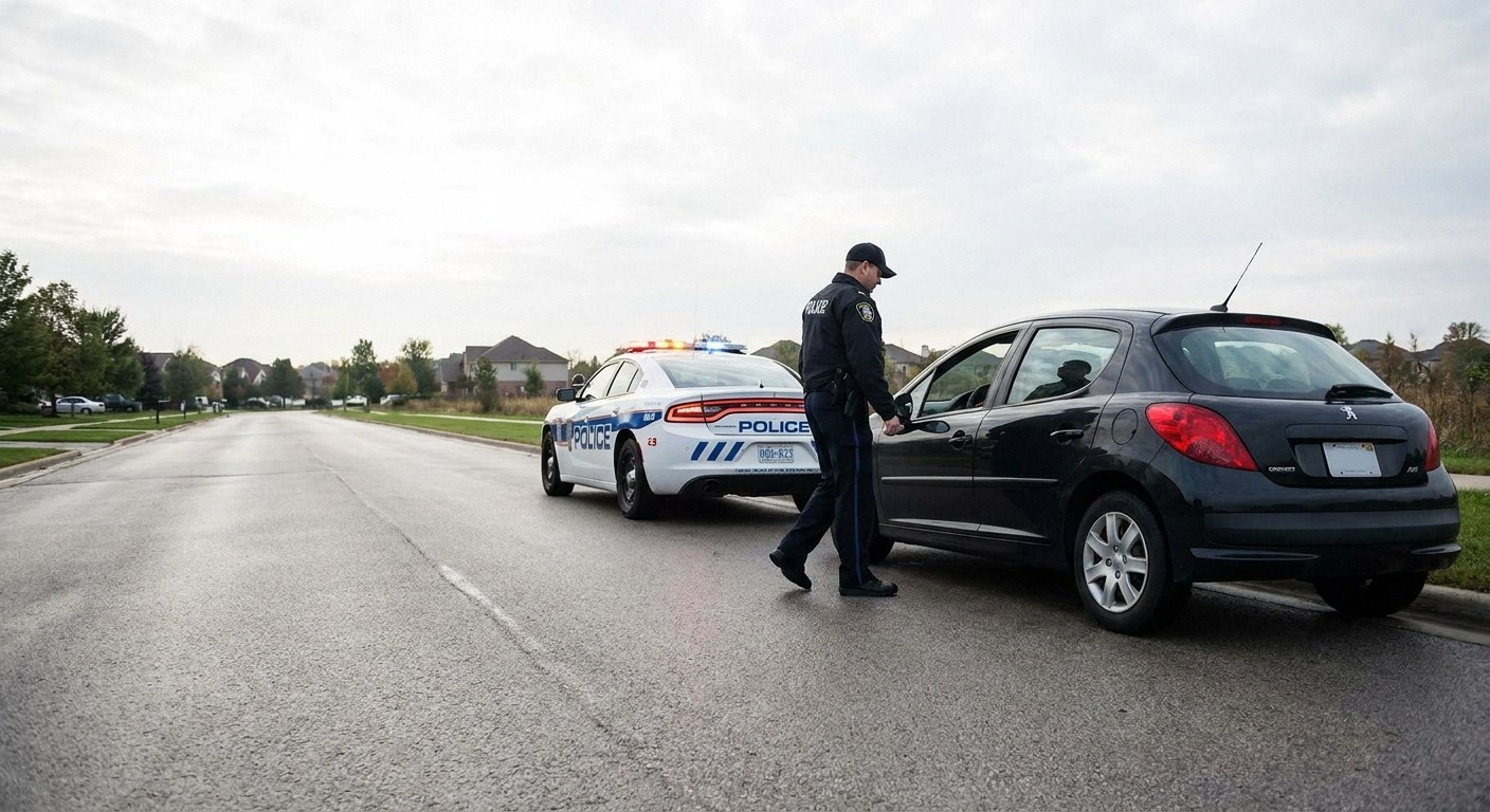 A police officer approaches a black car stopped on a suburban road shoulder. A white police car with activated lights