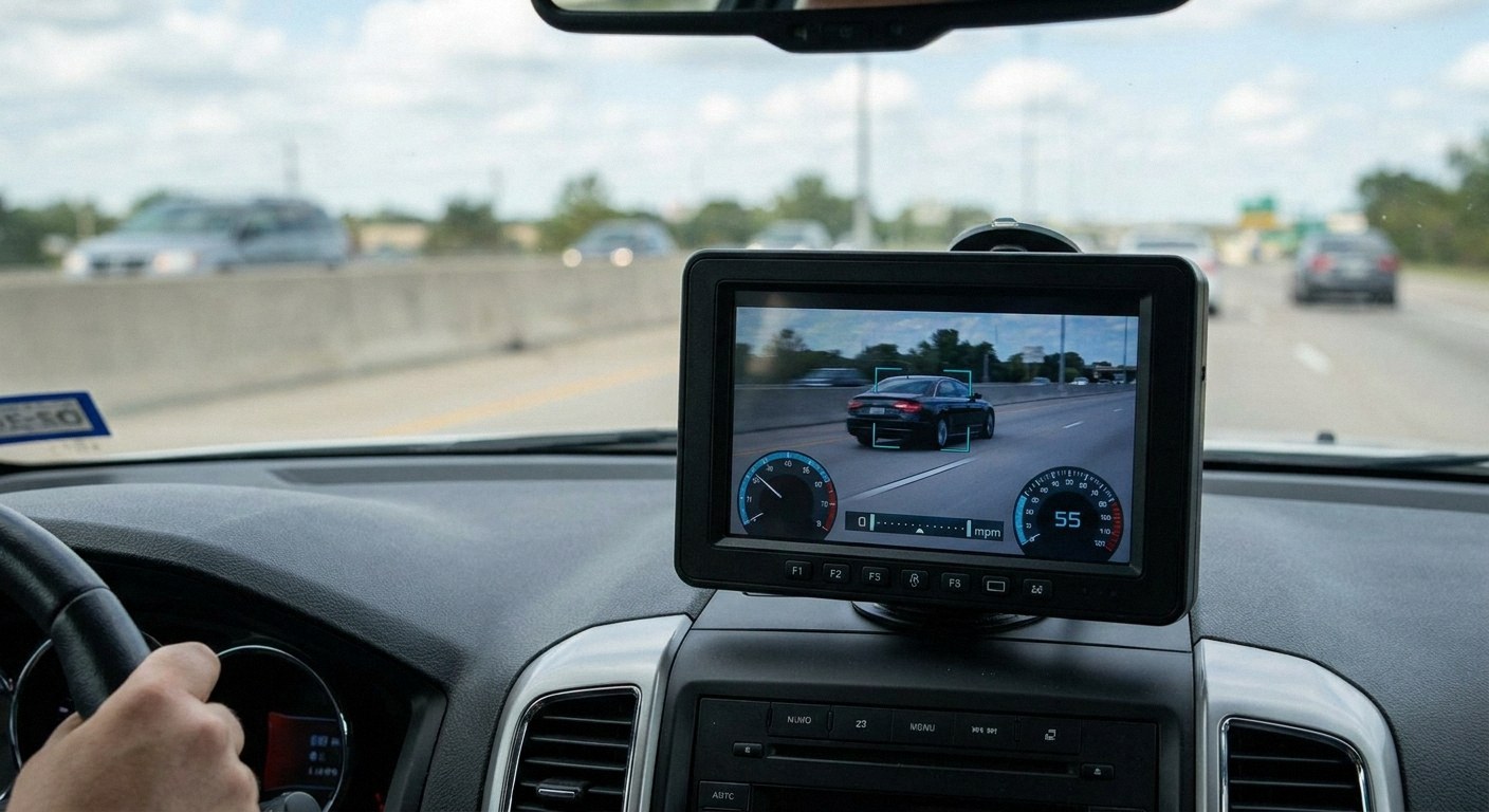Process of dynamic speed measurement viewed from the interior of an unmarked police car, focusing on a glowing