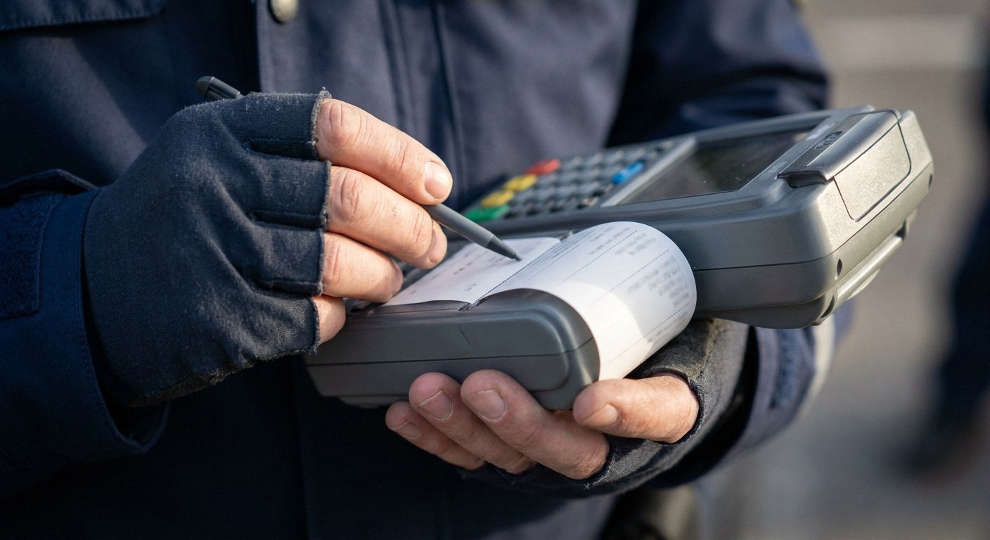 Object detail extreme close-up of a portable electronic police terminal actively printing a paper traffic fine receipt