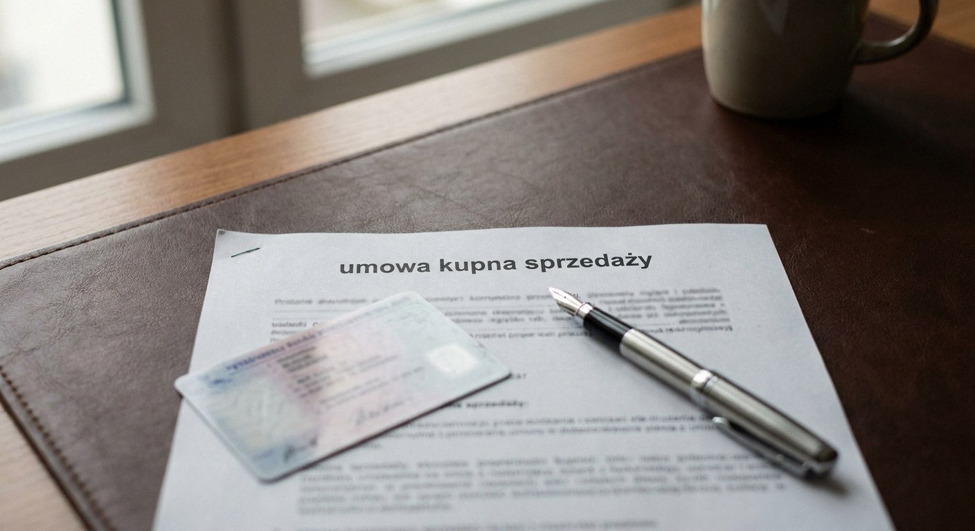Paper labeled 'umowa kupna sprzedaży', blurred ID card, and fountain pen on a leather pad