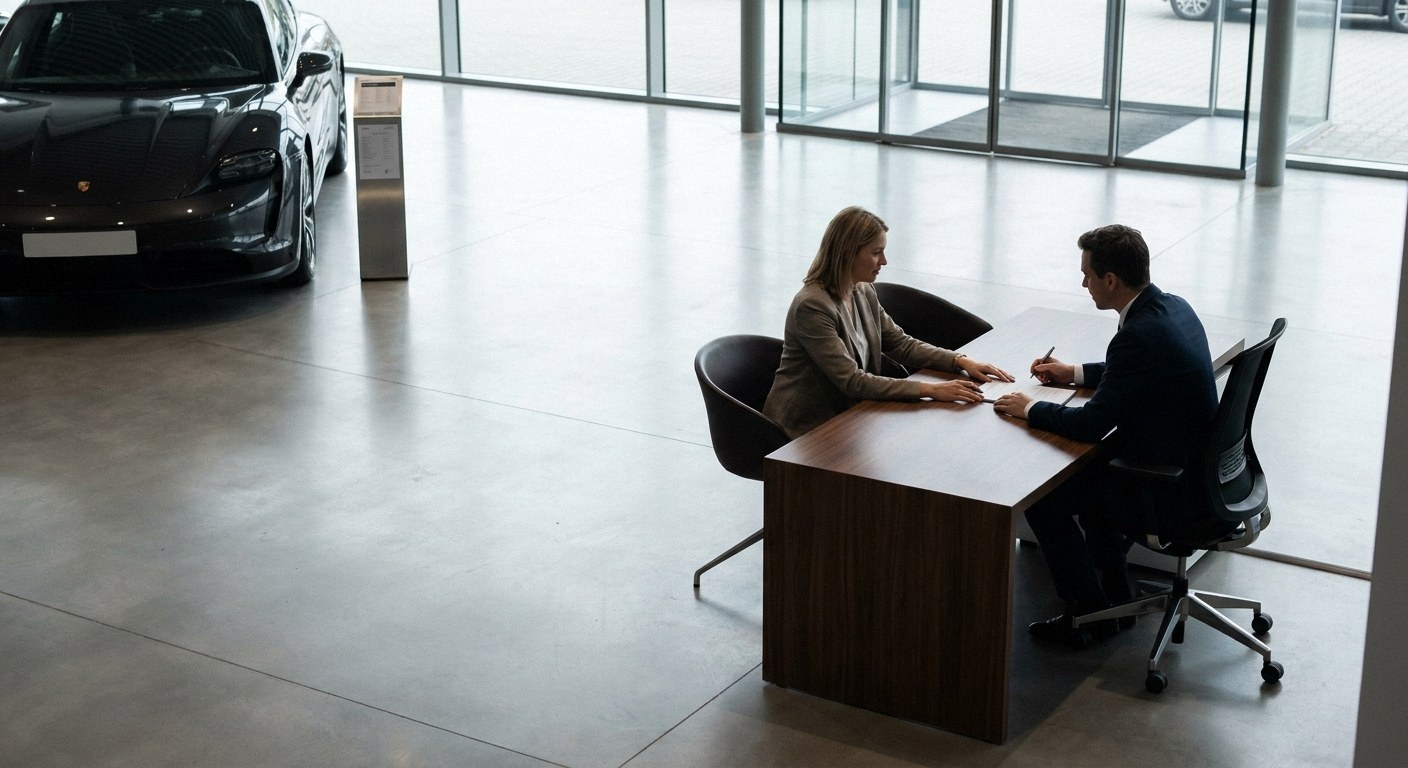 Wide shot of a modern car showroom. A black sports car and a spec stand are on the left. A man and woman sit at a