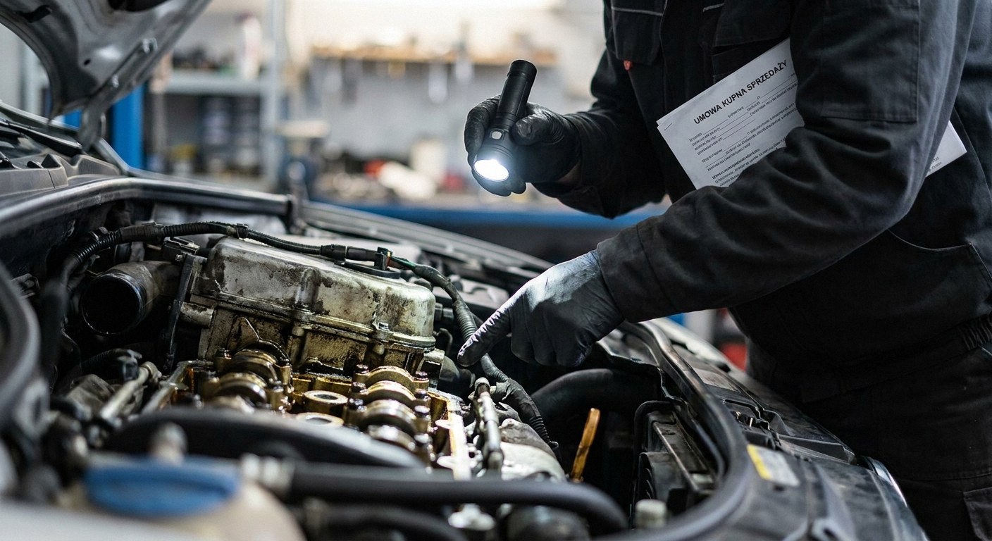 Mechanic in black gloves inspects a car engine bay using an LED flashlight while holding a document clearly titled