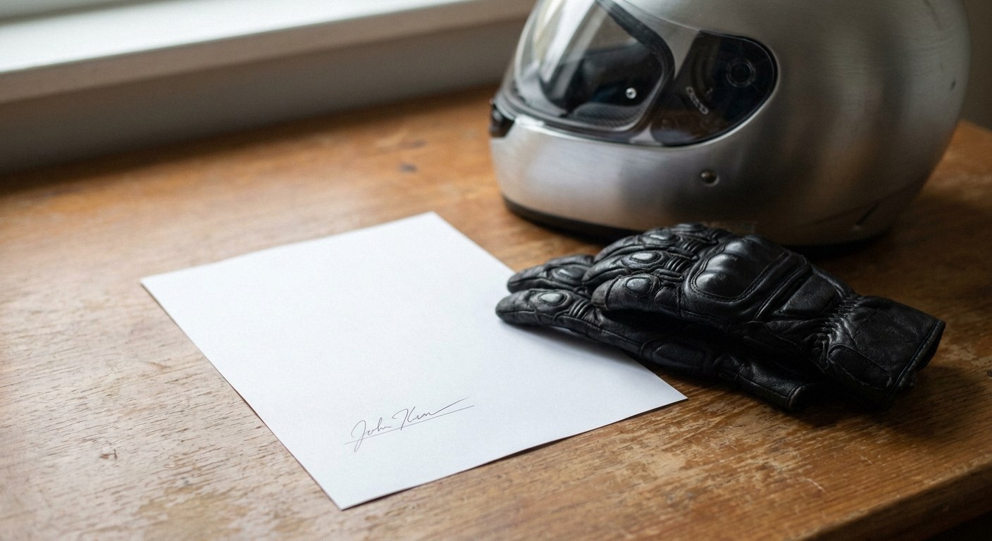 A signed white paper, black leather motorcycle gloves, and a silver helmet resting on a wooden surface near a window