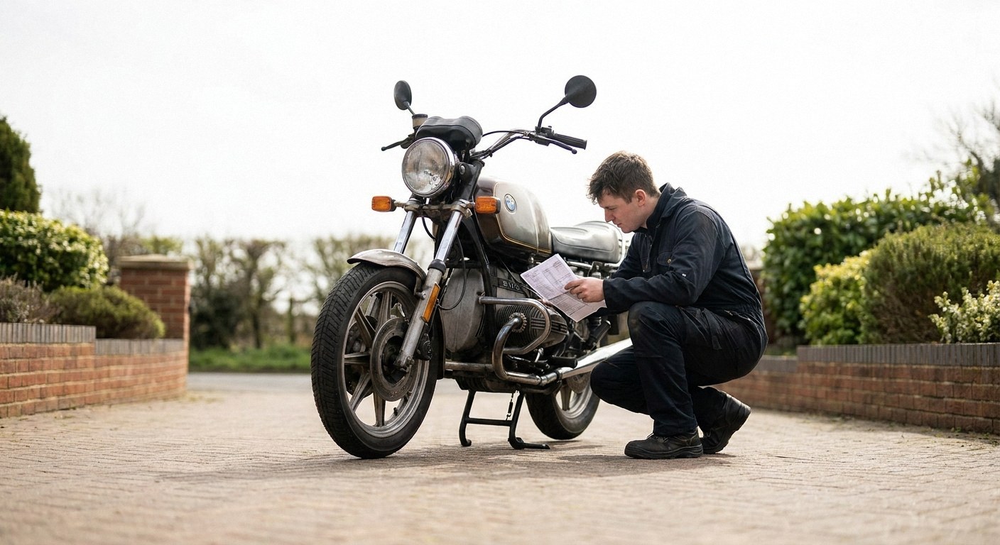 A man crouches next to a parked motorcycle on a paved driveway, holding and reading a document. Brick walls and bushes