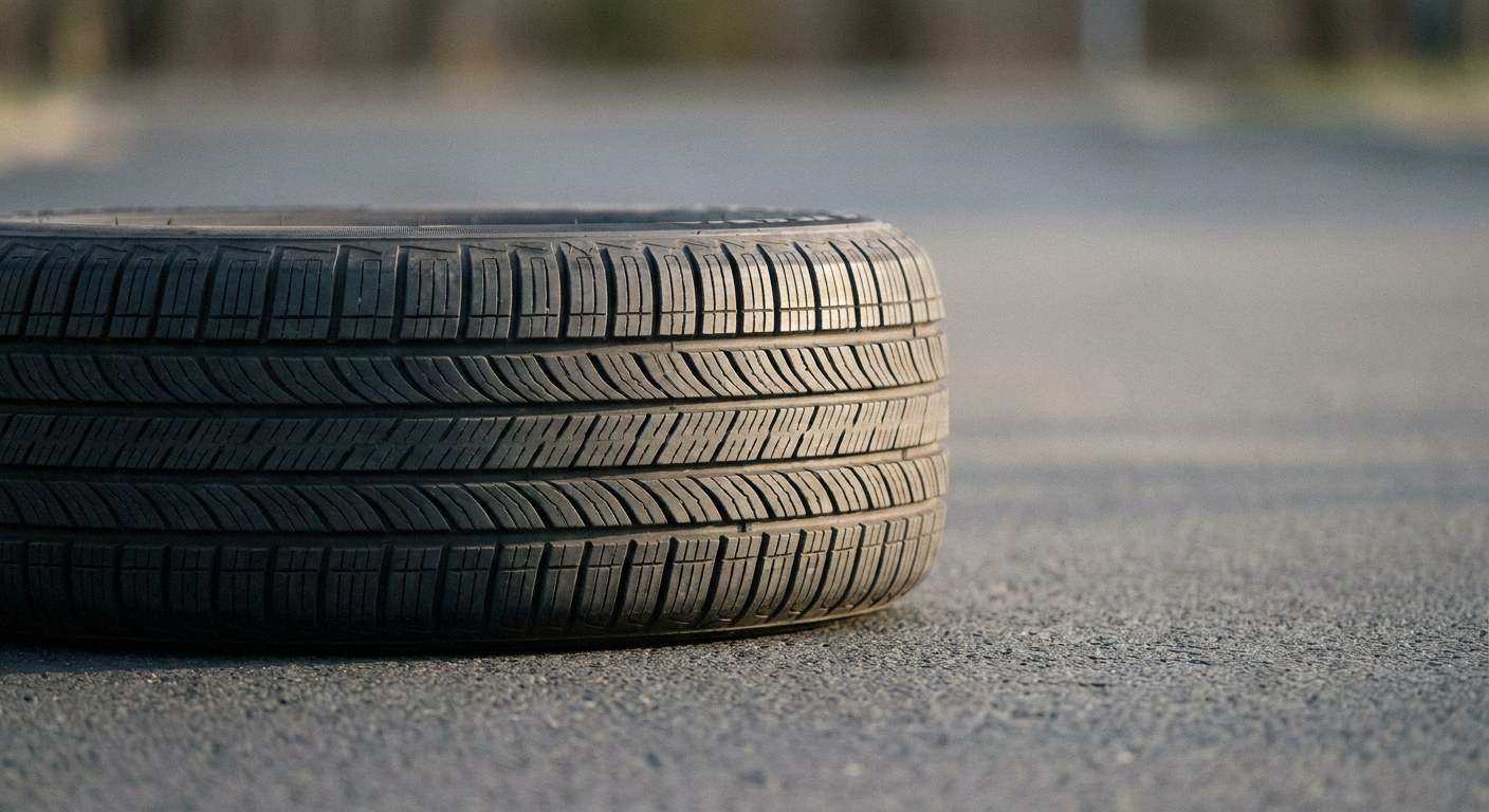 A single black car tire lies flat on smooth asphalt. The tire's detailed tread pattern is in sharp focus against a