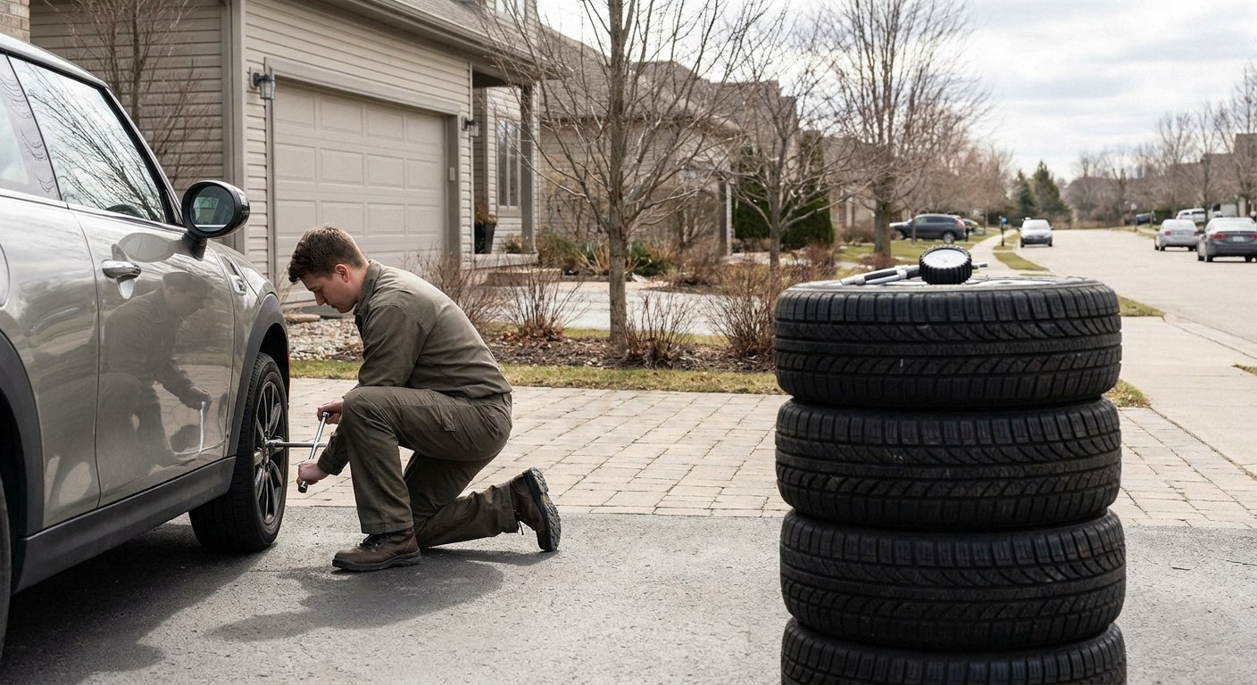 A man kneels on a driveway, using a wrench on a silver car's front wheel. In the foreground, a stack of four tires